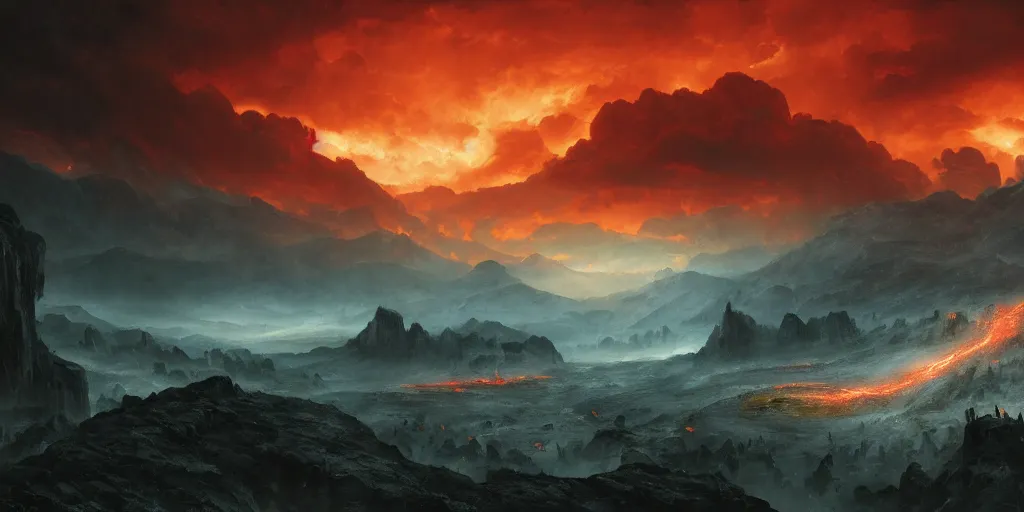 Image similar to fifth circle of hell, dante's inferno, landscape, cinematic, dramatic, very detailed, far horizon, volumetric, by eugene delacroix, artstation, jessica rossier, dante gabriel rossetti, octane render, vivid, angry red sky, demons on the ground and flying in the sky, 8 k