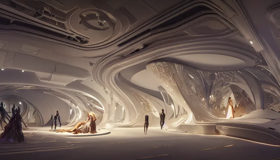 Image similar to a futuristic luxury boutique by artgerm and greg rutkowski and alphonse mucha, zaha hadid, volumetric light, detailed, octane render, midsommar