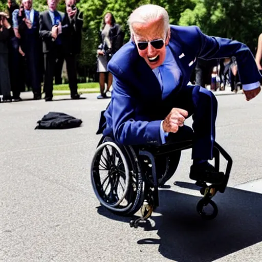 Prompt: joe biden falling off his wheelchair faceplanting on the ground, award winning photo