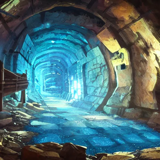 Image similar to concept art painting of a mine mineshaft with blue crystals, realistic, detailed, cel shaded, in the style of makoto shinkai and greg rutkowski and james gurney