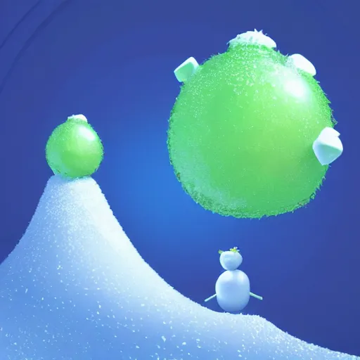 Image similar to a portrait of a mochi cannabis leaf snowball cute friendly character snowboarding in a gelatinous australian ❄ environment 3 d rendered in octane, by eyvind earle