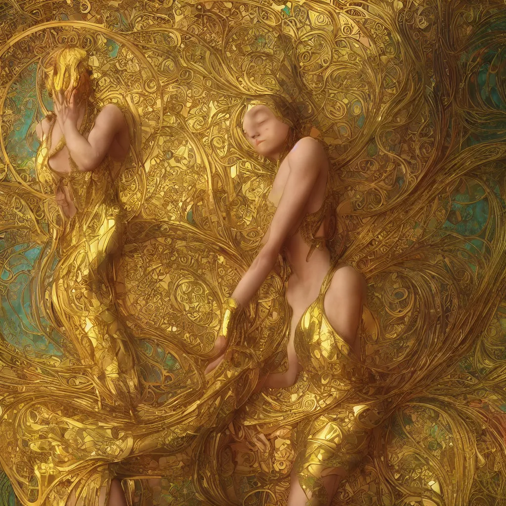 Prompt: human body made of thin golden and rainbow Art Nouveau, Alphonse Mucha, cinematic realistic photo, octane render