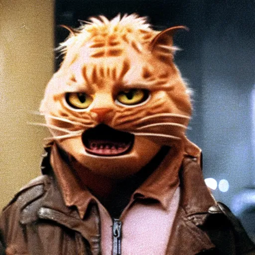 Image similar to A still of a realistic Garfield in The Terminator