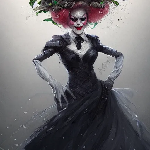 Prompt: joker as an attractive mature smiling woman wearing a mushroom crown and heavy armoured wedding dress, face portrait, hd shot, digital portrait, elegant, beautiful, fantasy art, artstation, comic style, by artgerm, guy denning, jakub rozalski, magali villeneuve and charlie bowater