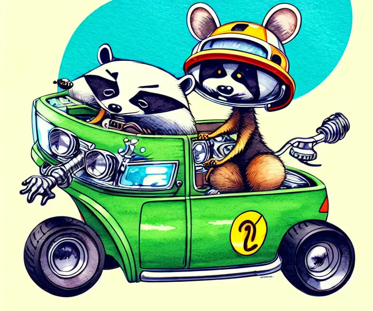 Prompt: cute and funny, racoon wearing a helmet riding in a tiny hot rod with oversized engine, ratfink style by ed roth, centered award winning watercolor pen illustration, isometric illustration by chihiro iwasaki, edited by olga shvartsur, tiny details by artgerm, symmetrically isometrically centered
