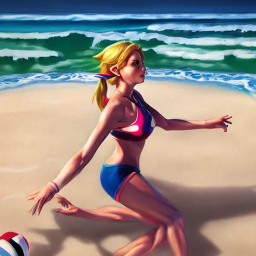 Prompt: a hyper real comic book style portait painting of zelda on the beach playing volleyball, unreal 5, hyperrealistic, octane render, cosplay, rpg portrait, dynamic lighting