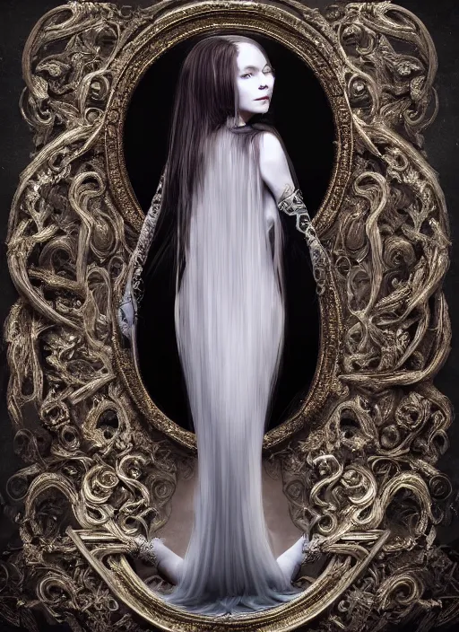 Image similar to hyper realistic photo of baroque dark luxury queen ethereal ghost full body, symmetric, rule of thirds, cinematic, artstation, cgsociety,