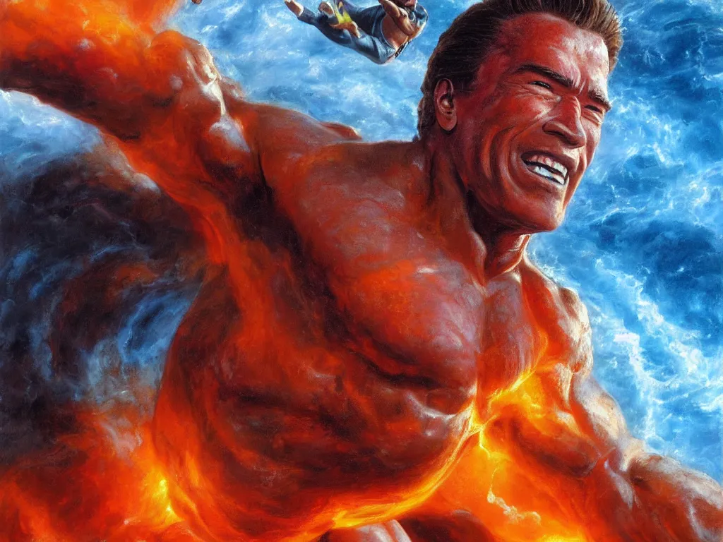 Image similar to detailed portrait of an arnold schwarzenegger surfing on lava wave by boris vallejo, stunning scene, 8 k, digital painting, hyperrealism, bright colors, trending on artstation