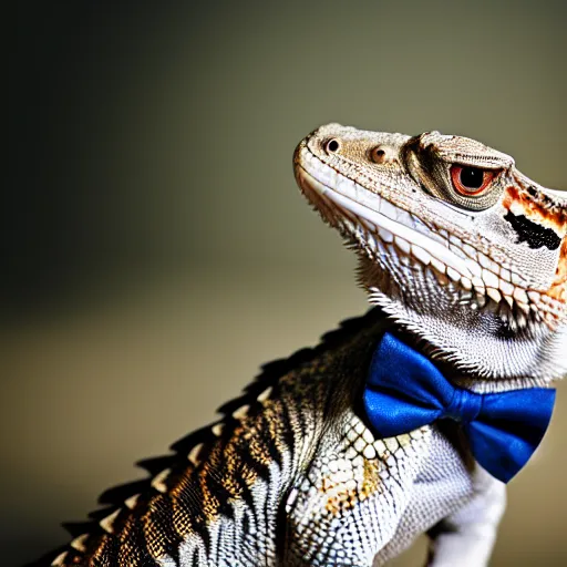 Prompt: dslr portrait still of a bearded dragon wearing a top hat and bow tie, 8 k 8 5 mm f 1. 4