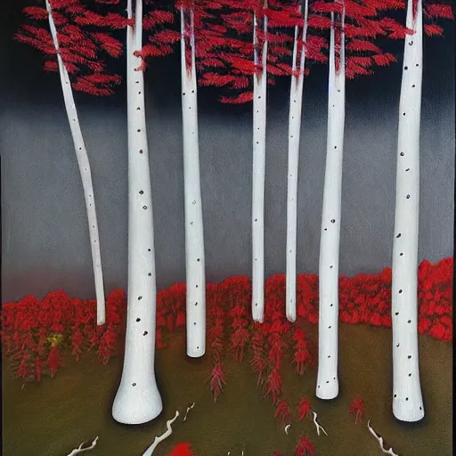 Prompt: a surreal disorienting painting of a forest where the trees have black trunks and vibrant red leaves with a red ghostly figure in the middle