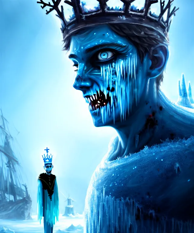 Image similar to frozen zombie man with a crown, eyes glowing blue, saling ship in the background, is at dawn and bluish, fantasy, intricate, elegant, digital painting, highly detailed, artstation, sharp focus, illustration, concept art, ruan jia, steve mccurry