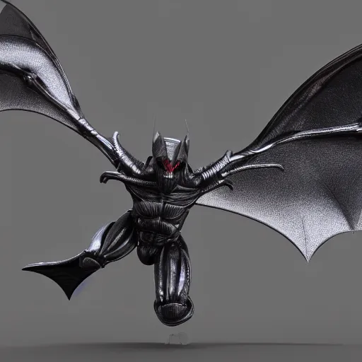 Prompt: 3d render of a xenomorphic bat, black chrome