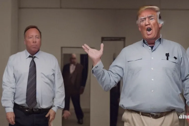 Image similar to movie still of donald trump and alex jones in jail, photograph, tv show, cinematic