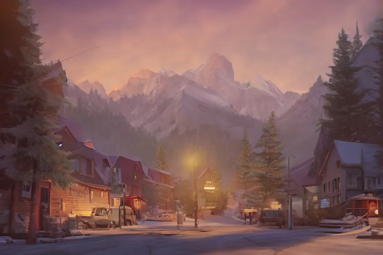 Prompt: cozy town in rocky mountains, matte painting, life is strange concept art, warm light, 3 d cell shading render