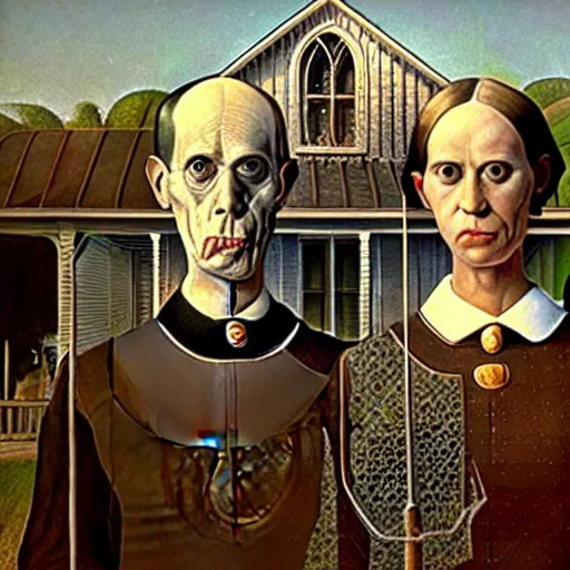Prompt: of two scary cyborgs as the couple in the painting american gothic 4 k photorealism hd