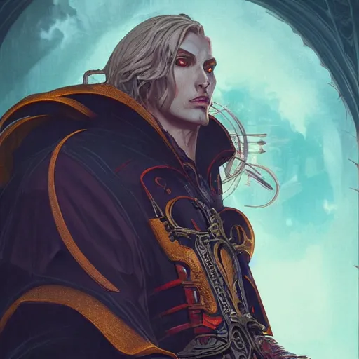 Prompt: portrait of a Castlevania\'s Dracula, in a sci fi setting, cyberpunk setting, highly detailed, digital painting, artstation, smooth, sharp focus, illustration, art by artgerm and greg rutkowski and alphonse mucha