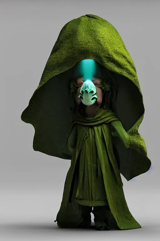 Image similar to A cute shaman with no nose, glowing eyes and a very long hooded dark green cloak of leaves by Vivien Lulkowski and Julien Kaspar, 3D render, stylized, Cycles Render