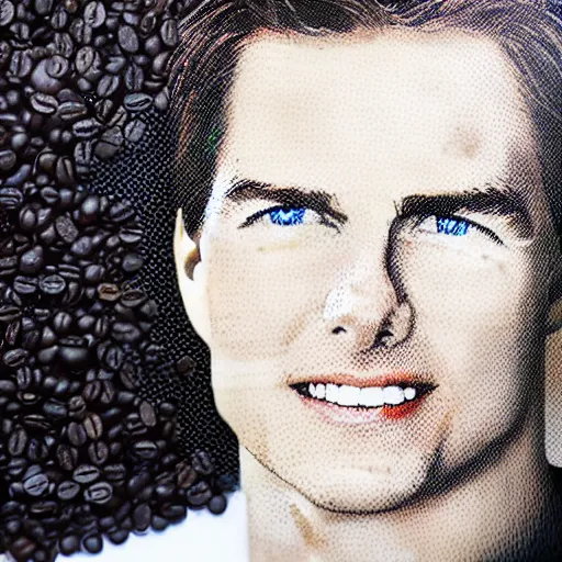 Prompt: tom cruise portrait recreated with coffee beans on a white surface, 8K, detailed, product photo