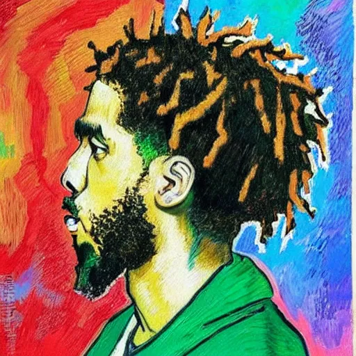 Prompt: portrait of rapper j cole in hoodie in the style of vincent van gogh, colorful, artistic, vibrant, high fashion, photorealistic art