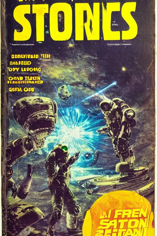 Image similar to photo of poor condition, torn, stained, vintage pulp scifi science fiction magazine cover on a table top, showing men wearing space suits shooting laser beams at a monster on an alien planet, only c 7 5, 4 k, high definition