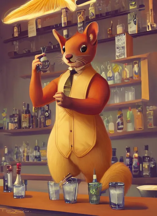 Prompt: squirrel anthro as a dapper bartender with a big, fluffy tail, retro futurism, art deco, detailed painterly digital art by WLOP and Cory Loftis, 🍋, furaffinity, trending on artstation