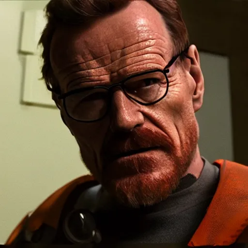 Image similar to Bryan Cranston dressed up as Gordon Freeman for Half Life Movie film still, 4k resolution, 8k resolution, HD Quality, highly detailed, very detailed, detailed, studio quality lighting, digital art, trending on artstation, film still