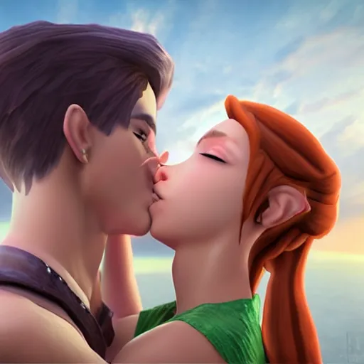 Image similar to female link and malon kissing, realistic, 3 d