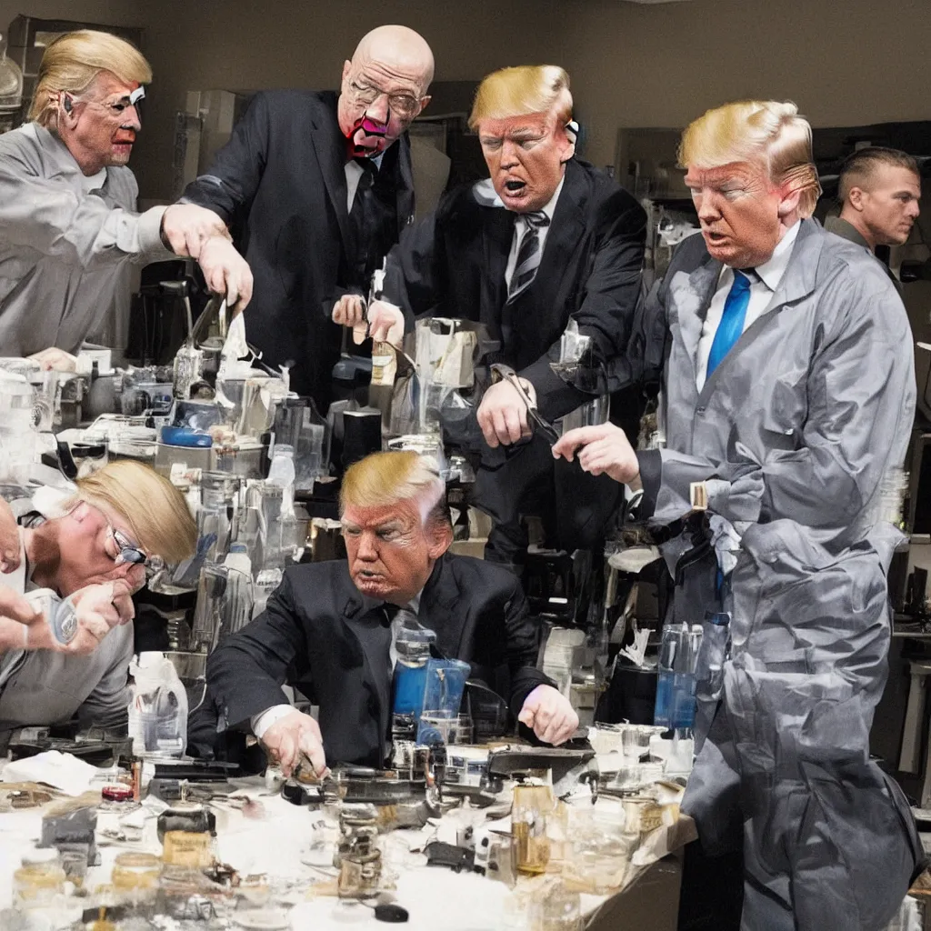 Image similar to Highly detailed photo of Walter White and Donald trump making meth