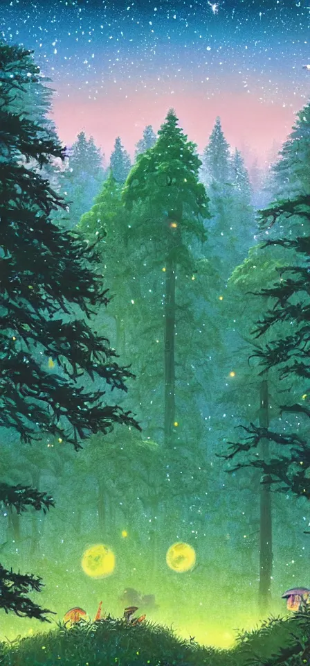 Prompt: Forest of redwood trees, studio ghibli, green grass, nighttime, twilight skyline, silhouette of trees, stars, fantasy, pastel colors, mushrooms, small animals, trees outlined in moonlight against the sky, fairies, summer night, fireflies, grass, in the style of a Thomas Kinkade oil painting