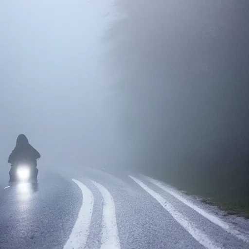 Image similar to mist, there\'s a shadowy figure on the road, with glowing eyes