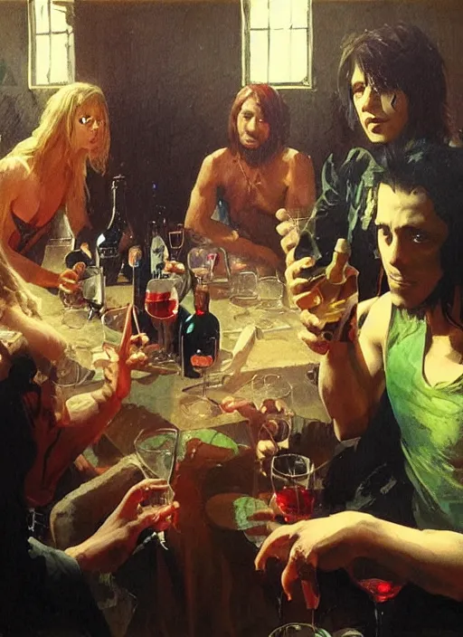 Prompt: glam rocker drinking brutal and raw wine bacchanals with his friends, inside a green room with red lights, renaissance painting, greg rutkowski, makoto shinkai, phil hale, extremely detailed