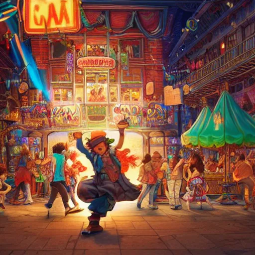 Image similar to a churro dancing away from a chubby kid that's trying to eat it at a carnival, an ultrafine hyperdetailed illustration by kim jung gi, irakli nadar, intricate linework, bright colors, octopath traveler, final fantasy, unreal engine 5 highly rendered, global illumination, radiant light, detailed and intricate environment