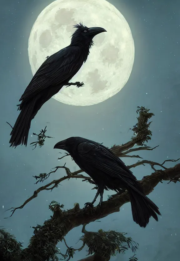 Image similar to crow on tree in front of the full big moon, highly detailed, digital painting, artstation, concept art, smooth, sharp focus, illustration, Unreal Engine 5, 8K, art by artgerm and greg rutkowski and alphonse mucha