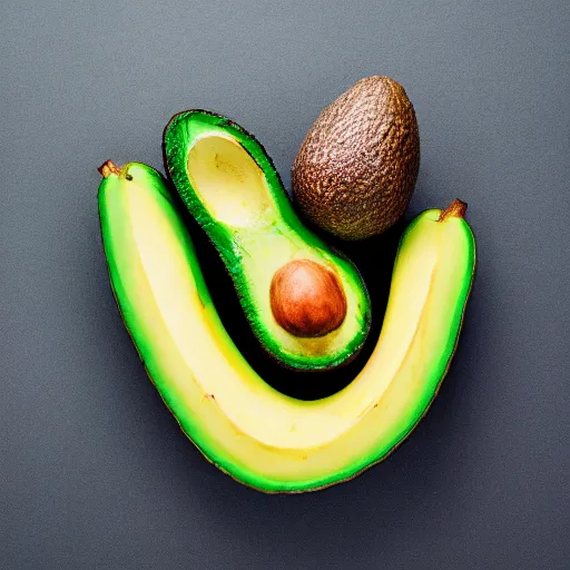 Image similar to avocado that looks like banana, hyper real, food photography