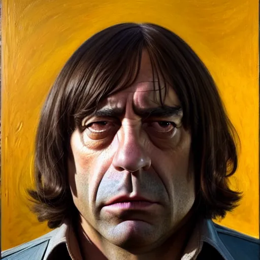 Image similar to javier bardem as anton chigurh in no country for old men. neutral menacing stare. oil painting by lucian freud. path traced, highly detailed, high quality, j. c. leyendecker, drew struzan tomasz alen kopera, peter mohrbacher, donato giancola