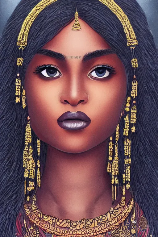 Prompt: A bust of a beautiful black skinned Indian girl with large lips and smooth eyebrows and straight hair, HD, illustration, epic, fantasy, intricate, elegant, amazing detail, digital painting, artstation, concept art, smooth, sharp focus, illustration, art by Turine Tran