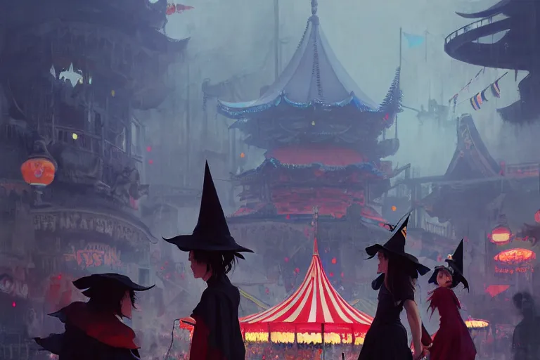 Image similar to close - up of student witches exploring small carnival amusement, food stalls, big top circus tent, roaming entertainers, flashing lights, highly detailed, magical, japan mountains, digital painting, concept art, matte, art by ruan jia and wlop and greg rutkowski and makoto shinkai, masterpiece