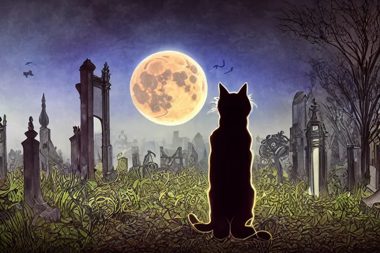 Image similar to an ultra detailed animation of a black cat in a graveyard at midnight on halloween tattoo, digital art, dark fantasy, concept art, soulslike, by alphonse mucha, blood moon eclipse, ruined building in the background, artstation, 8 k, unreal engine render