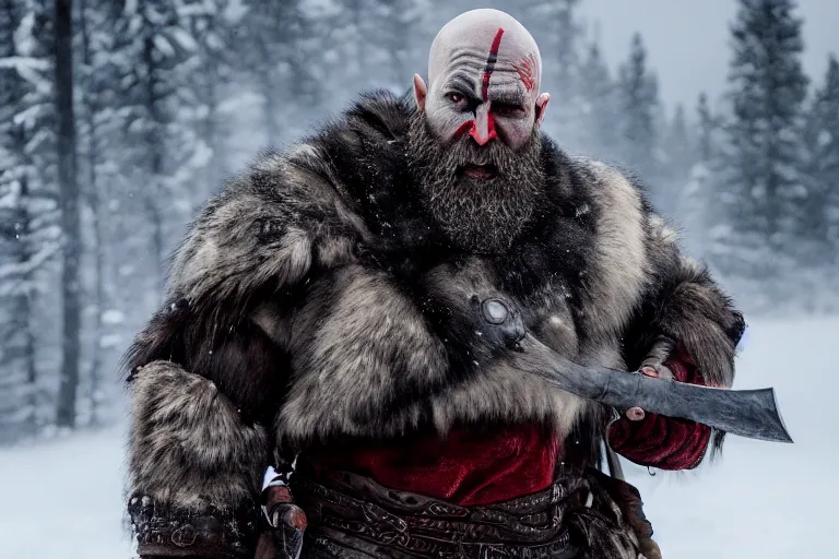 Image similar to vfx movie tough bald man in furs, natural grizzled skin, streaks of red face paint grey beard, dual wielding detailed viking war axes, in snowy tahoe, god of war by emmanuel lubezki