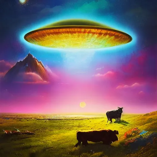 Image similar to ufo over the cow, Bright colors, fantastic landscape, hyperrealism, no blur, 4k resolution, ultra detailed, style of Anton Fadeev, Ivan Shishkin, John Berkey