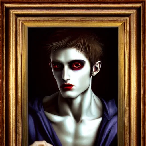 Prompt: attractive twenty first century male vampire beautiful eyes. highly detailed painting by michelangelo 8 k