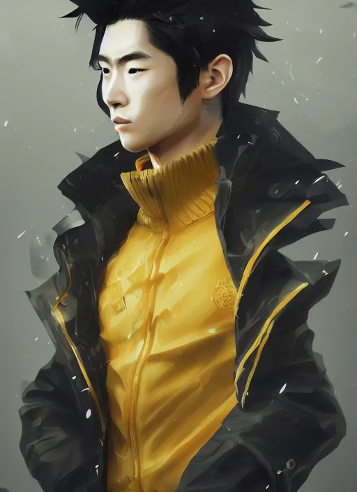 Image similar to a highly detailed illustration of young attractive japanese guy wearing black detective coat, yellow eyes, dramatic standing pose, intricate, elegant, highly detailed, centered, digital painting, artstation, concept art, smooth, sharp focus, league of legends concept art, wlop.