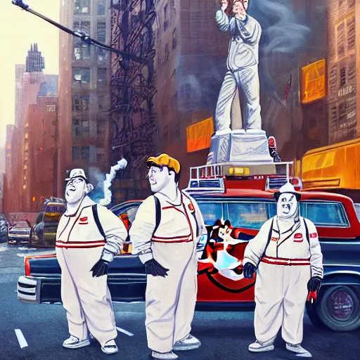 Image similar to the ghostbusters stay puff marshmallow man wearing timberland shoes and hat while smoking a joint and walking in new york city, highly detailed portrait, digital painting, artstation, artstation hq