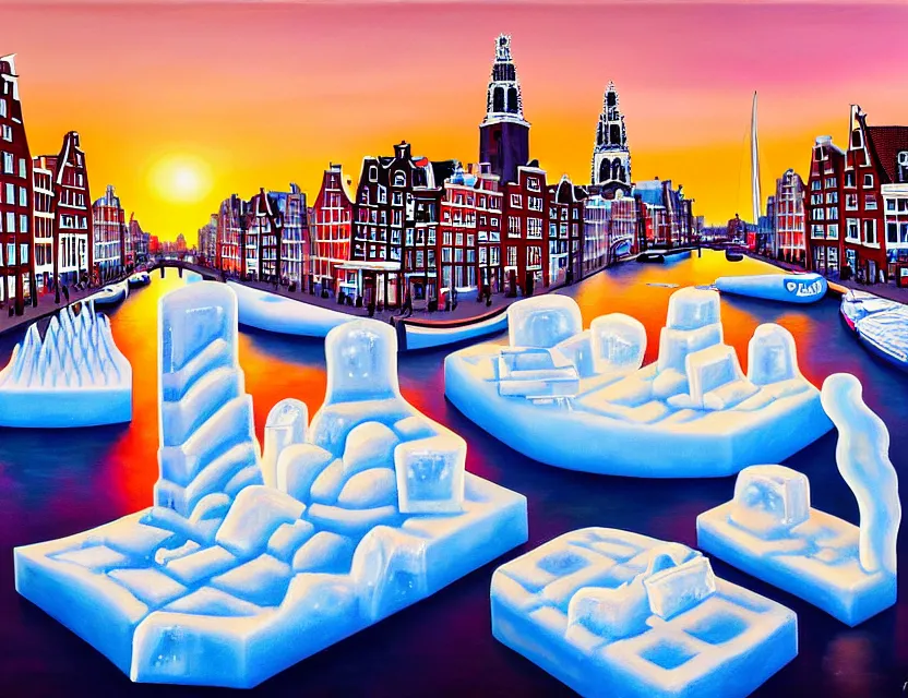 Prompt: a painting of a ice sculpture made of melting icecream in the shape of the skyline of amsterdam canals with boats and amsterdam houses on a very sunny bright summer sunset day, very hot and the ice is melting fast and people are swimming in the icecream in the style of james jean and fernando botero