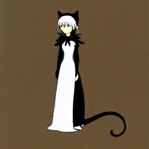 Image similar to a black cat wearing a white wedding dress, Miyazaki, studio ghibli