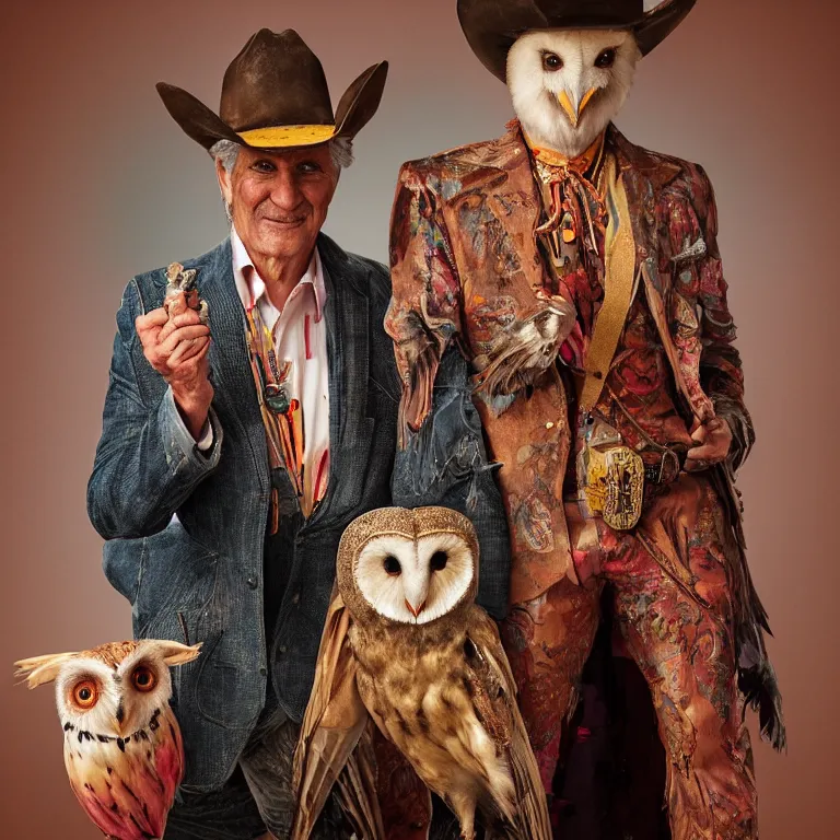 Image similar to high fashion photoshoot octane render portrait by wayne barlow and carlo crivelli and glenn fabry, a distinguished old cowboy wearing a colorful wes anderson designed cowboy costume and holding a barn owl inside a high - end exotic colorful pastel vintage boutique hotel lounge, very short depth of field, bokeh