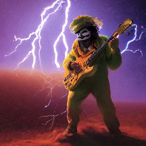 Image similar to UHD closeup of a Photorealistic clown playing electric guitar during a wicked lightning storm on Mars, with a cool pose, by Antonio Caparo and Ferdinand Knab and Greg Rutkowski, UHD, photorealistic, trending on artstation, trending on deviantart