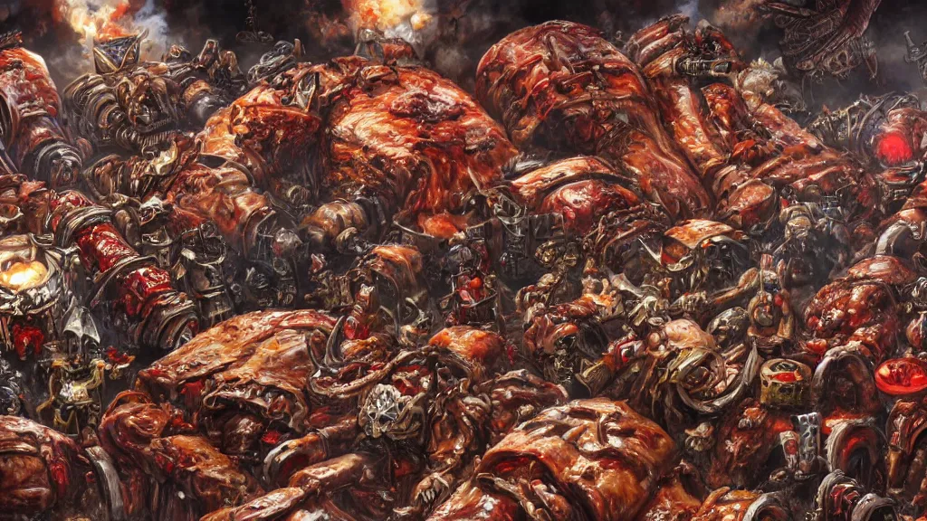 Prompt: an epic meaty landscape of ribs and turkey legs, warhammer 4 0 k artwork