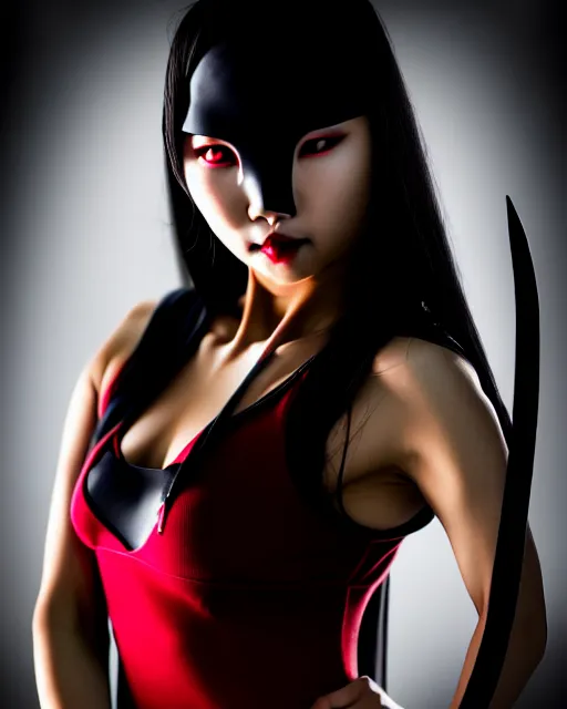 Image similar to beautiful female asian vampire ninja showing her fangs, in a menacing pose, award - winning 4 k photograph, dark and creepy lighting