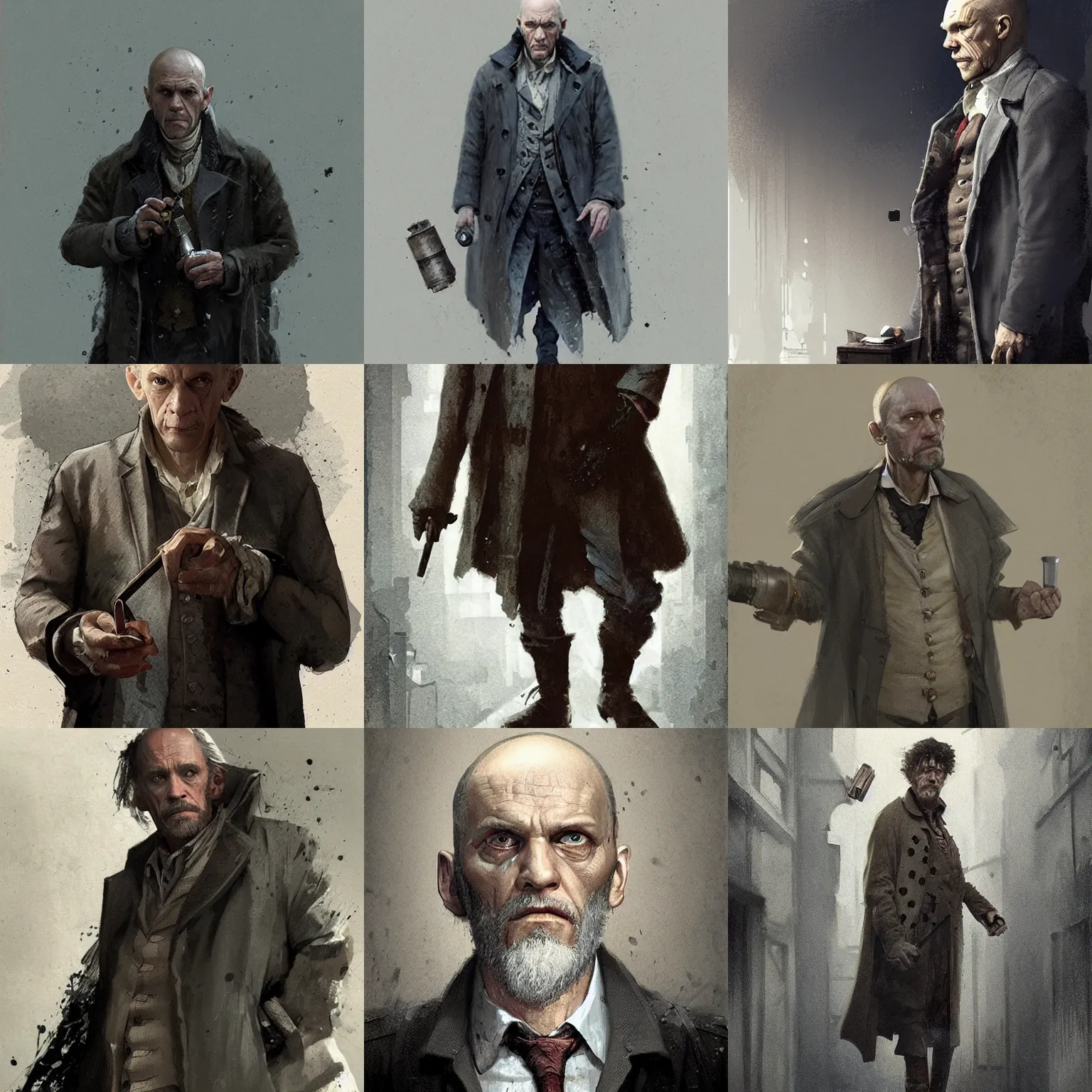 Prompt: John Malkovich with a cylinder as a stark, gloomy detective from the 18th century, concept art by J.Dickenson and Greg Rutkowski